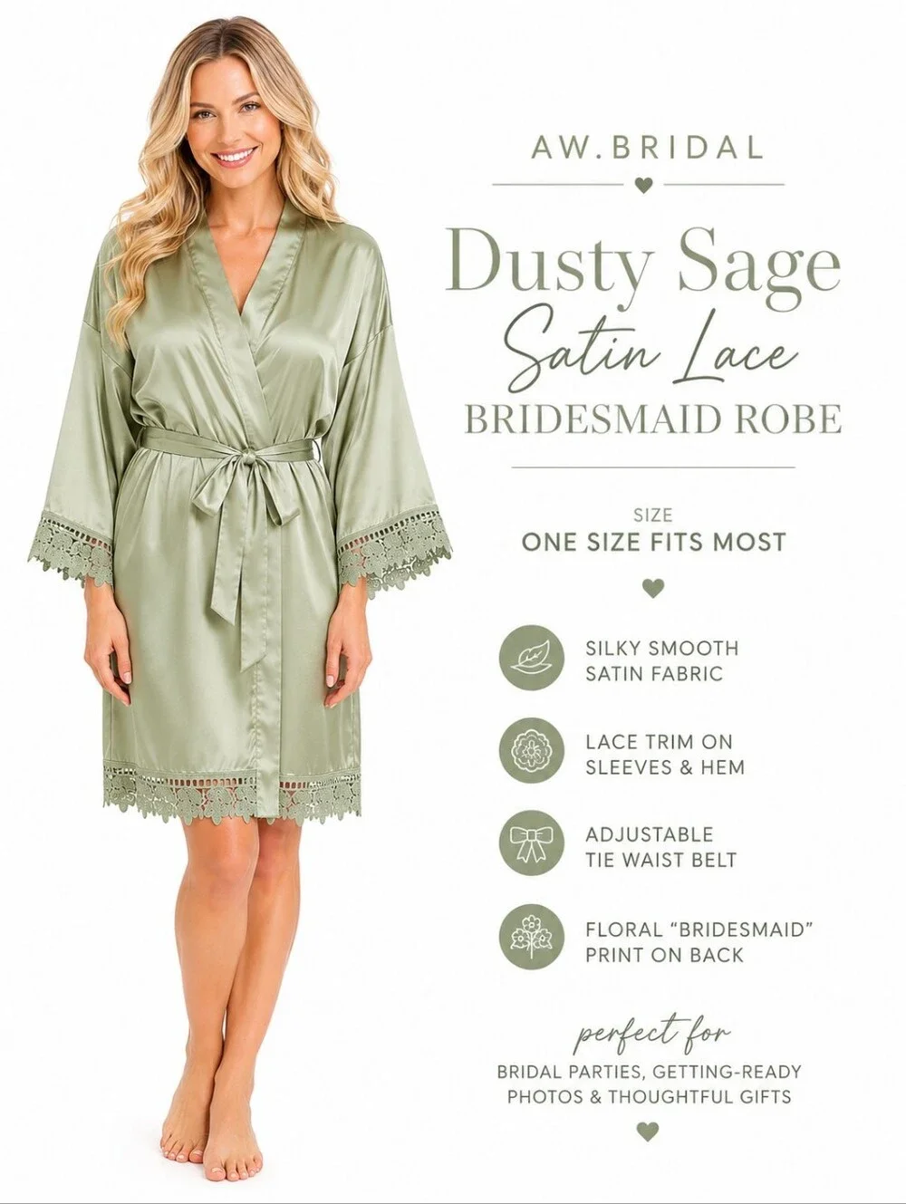 Dusty Sage Satin Lace Bridesmaid Robe Floral Wedding Getting Ready Robe